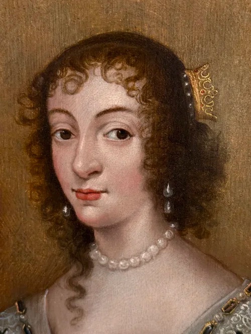 Ecole de Van Dyck - Portrait à l'Huile Sur Panneau Du XVIIe Siècle De La Reine Henrietta Maria -photo-6