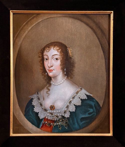 Ecole de Van Dyck - Portrait à l'Huile Sur Panneau Du XVIIe Siècle De La Reine Henrietta Maria 