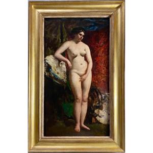 Standing Female Nude With Draping - Oil On Panel By William Etty Royal Academy