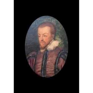 Early 17th Watercolor On Vellum Miniature Portrait Of King Philip II Of Spain