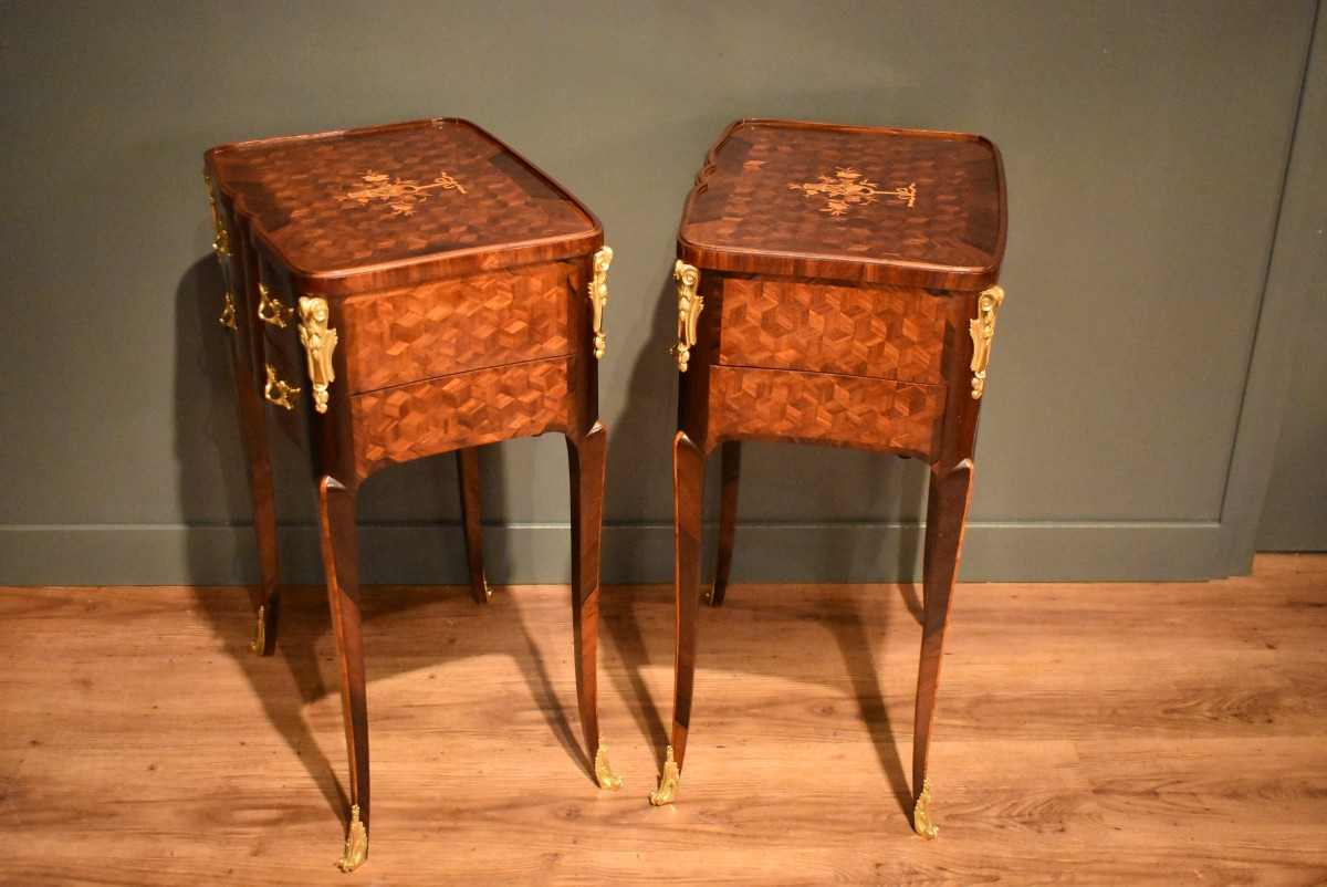 Pair Of Louis XV Style Marquetry Bedside Tables-photo-8