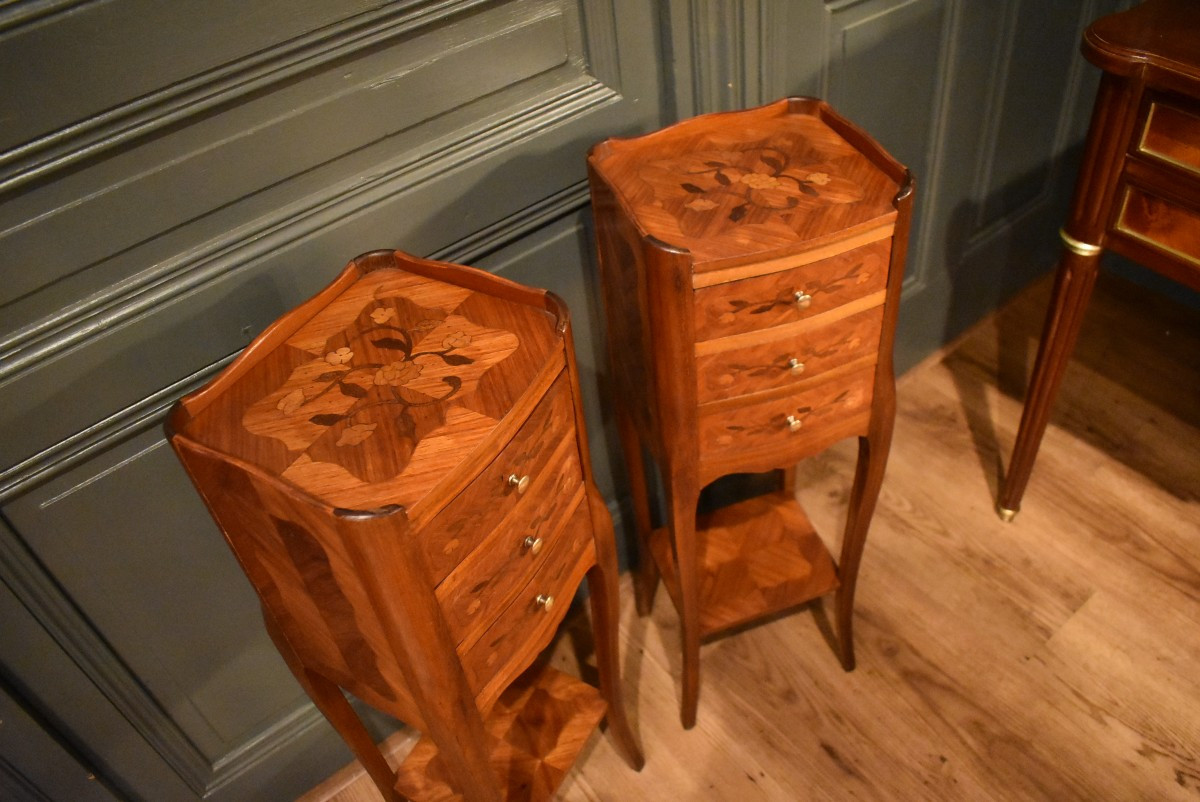 Paire De Petits Chevets En Marqueterie De Style Louis XV-photo-1