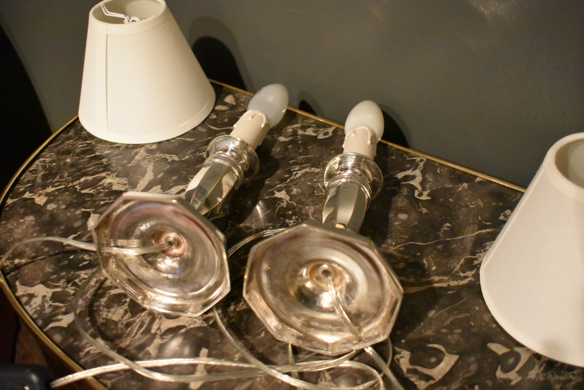 Paire de lampes bougeoirs en métal argenté=-photo-8