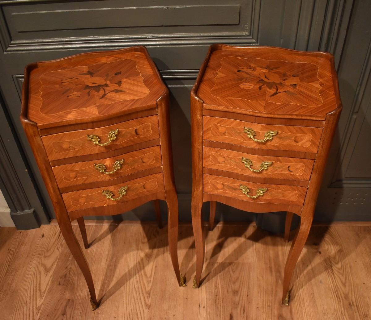 Pair Of Louis XV Style Marquetry Bedside Tables-photo-2