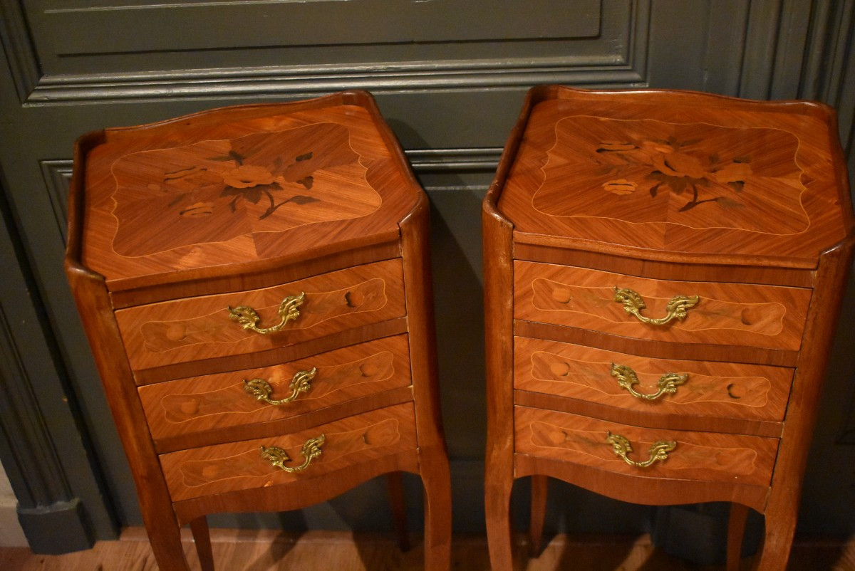Pair Of Louis XV Style Marquetry Bedside Tables-photo-3