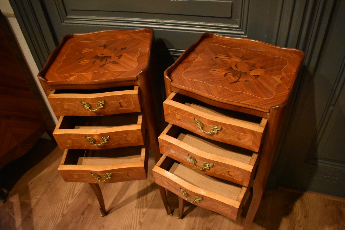 Pair Of Louis XV Style Marquetry Bedside Tables-photo-3