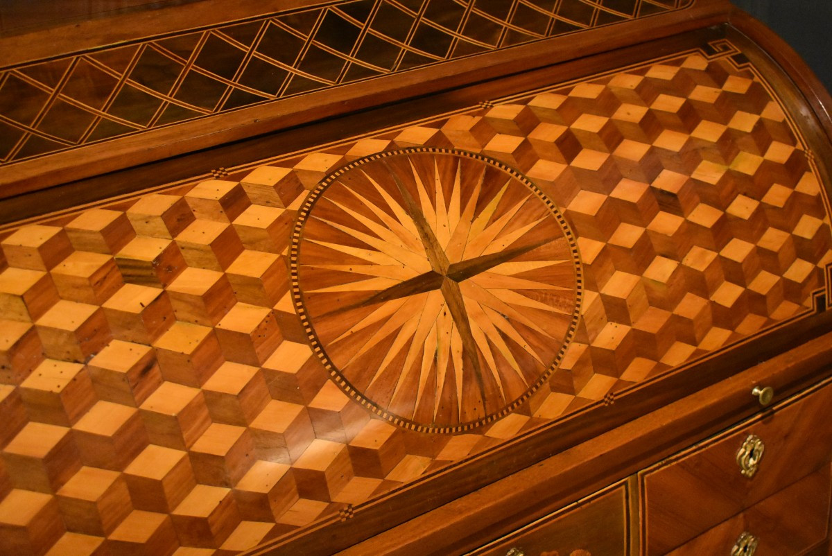 Cylinder Desk In Walnut And Marquetry-photo-4