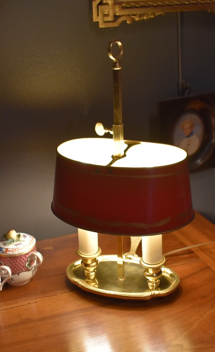 Small Bouillotte Lamp With Red Shade-photo-2