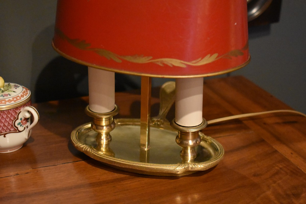 Small Bouillotte Lamp With Red Shade-photo-1