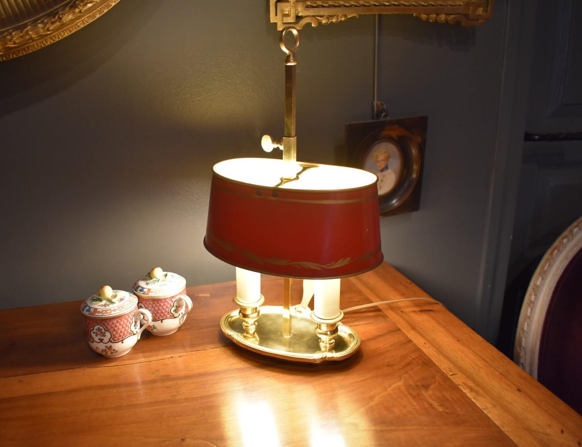 Small Bouillotte Lamp With Red Shade