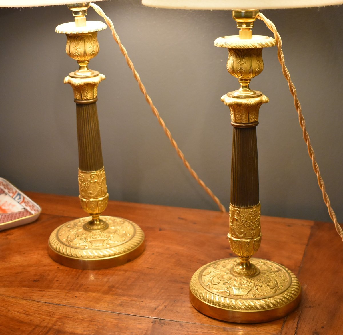 Pair Of Gilded Bronze Lamps, With Two Patinas-photo-3