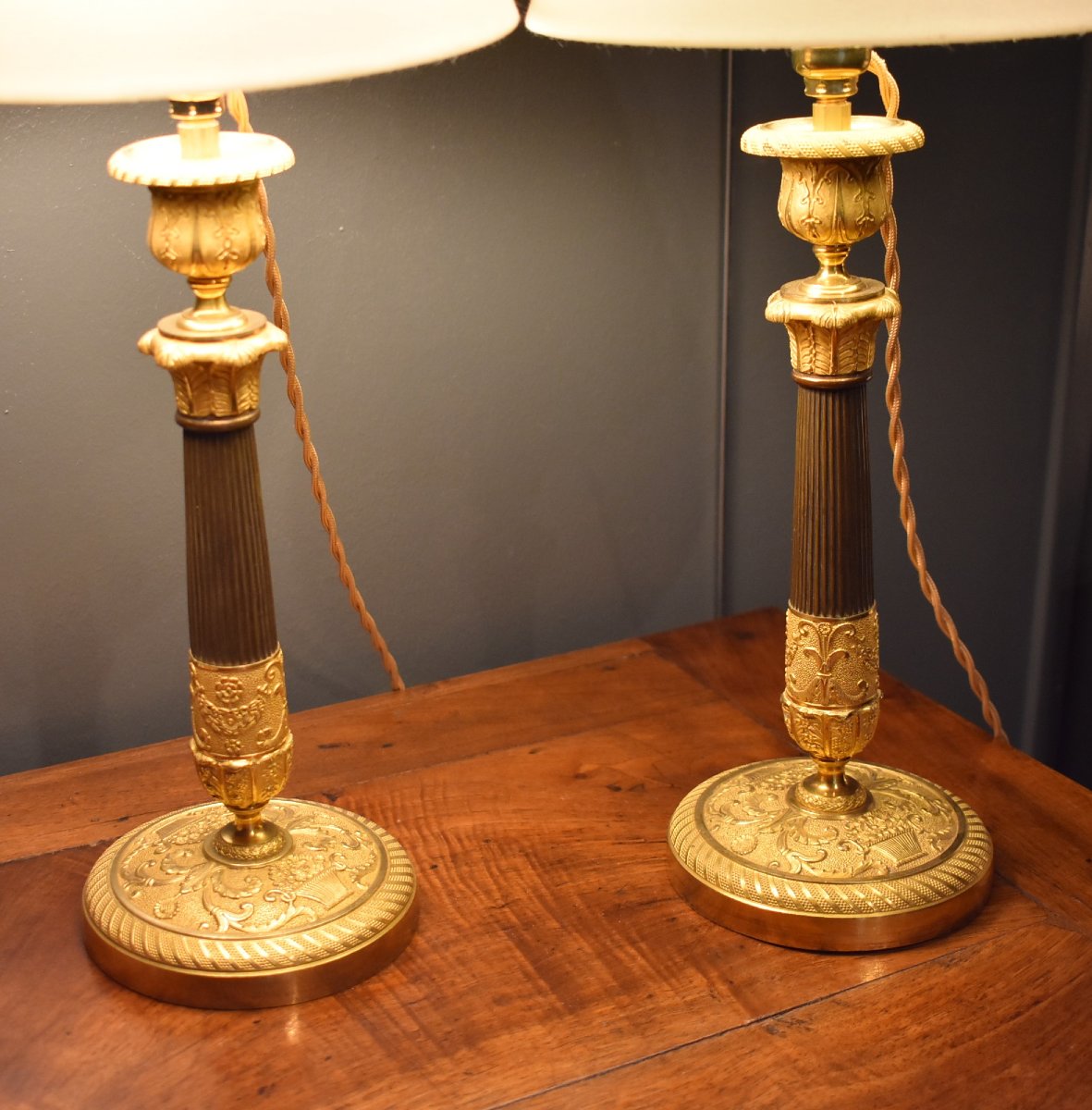 Pair Of Gilded Bronze Lamps, With Two Patinas-photo-4