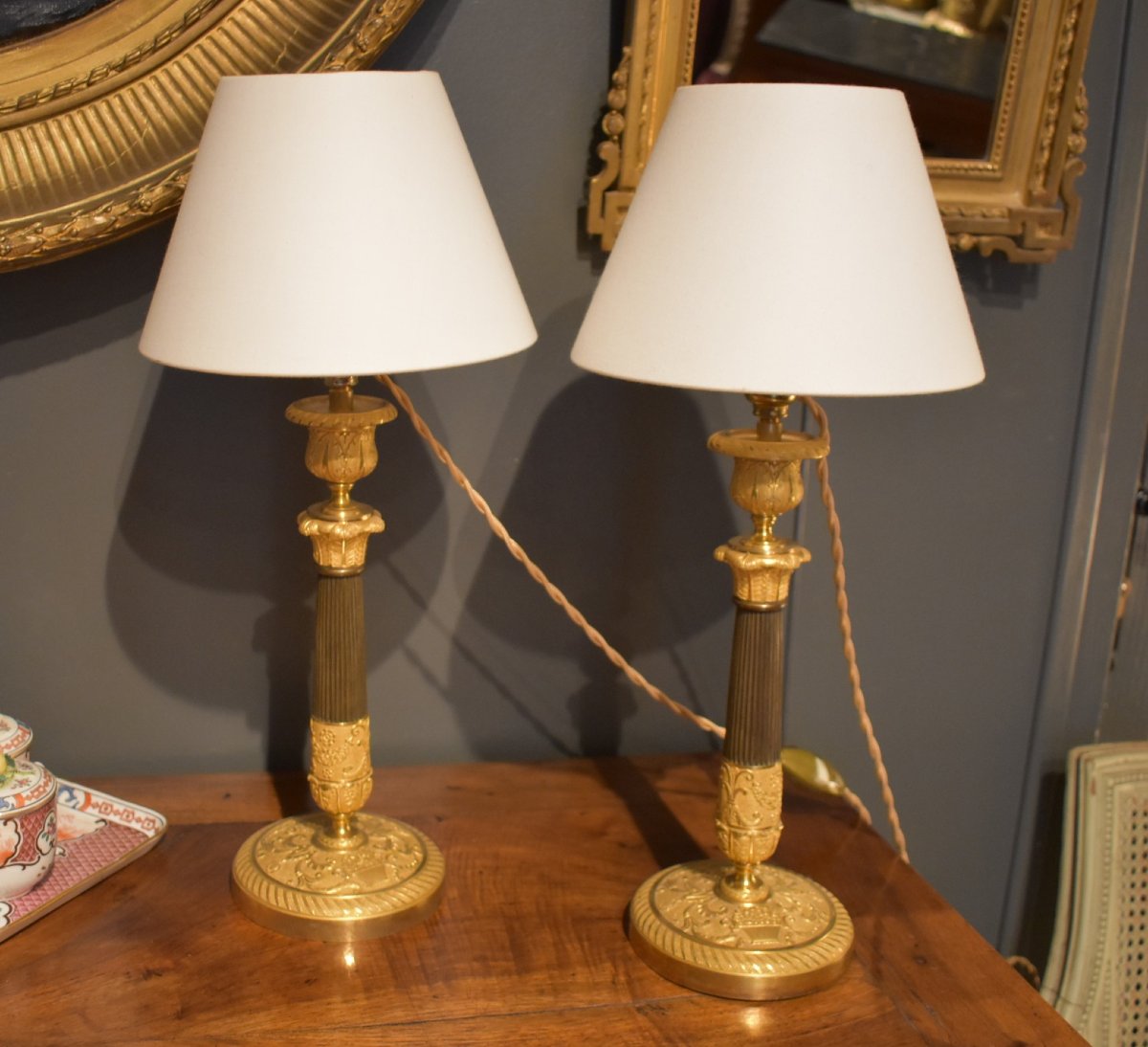 Pair Of Gilded Bronze Lamps, With Two Patinas-photo-5