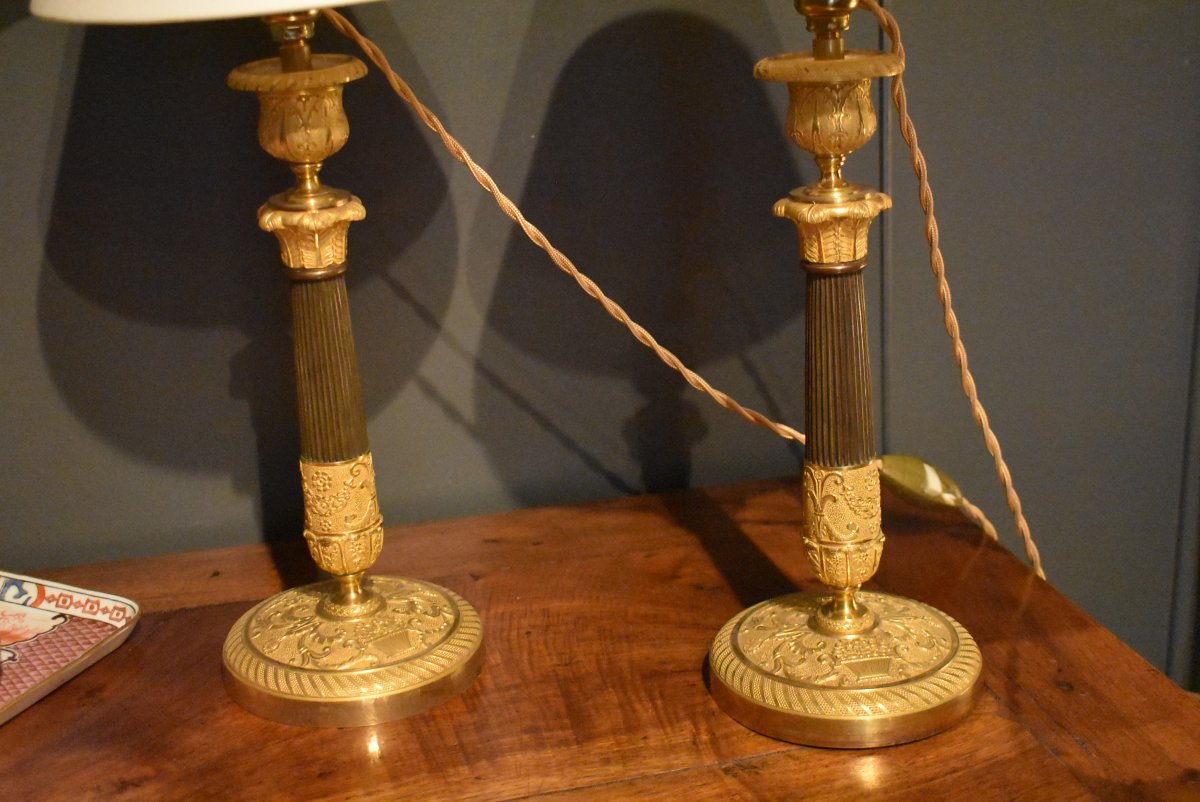 Pair Of Gilded Bronze Lamps, With Two Patinas-photo-6