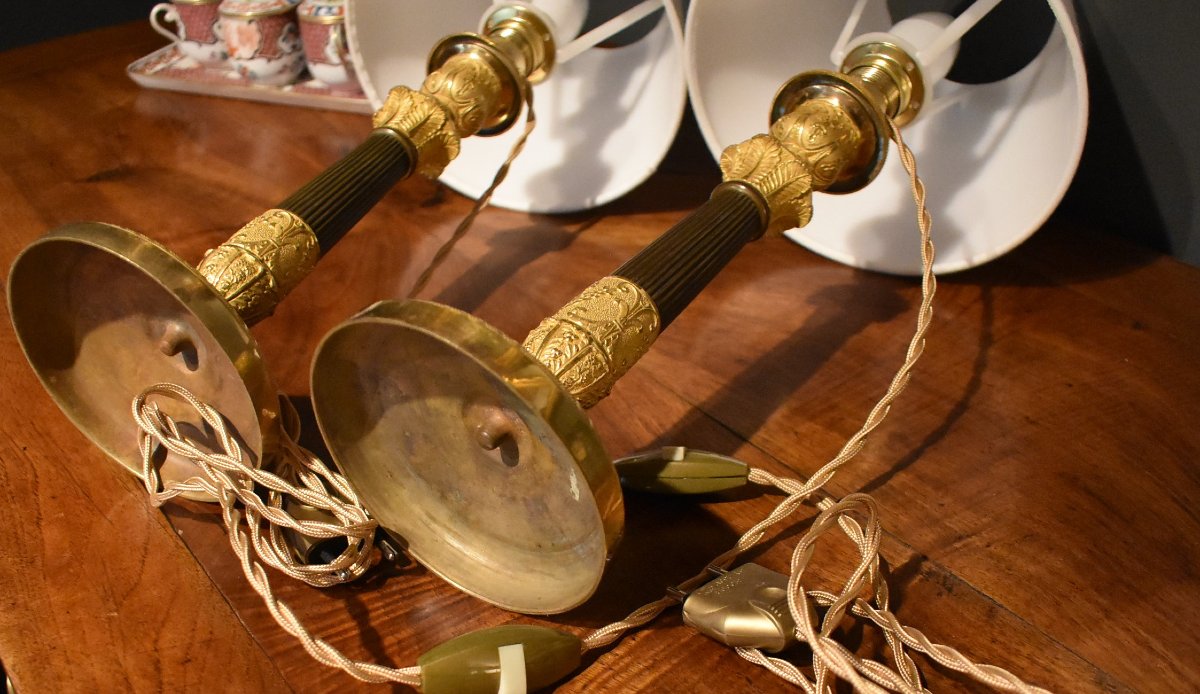 Pair Of Gilded Bronze Lamps, With Two Patinas-photo-7