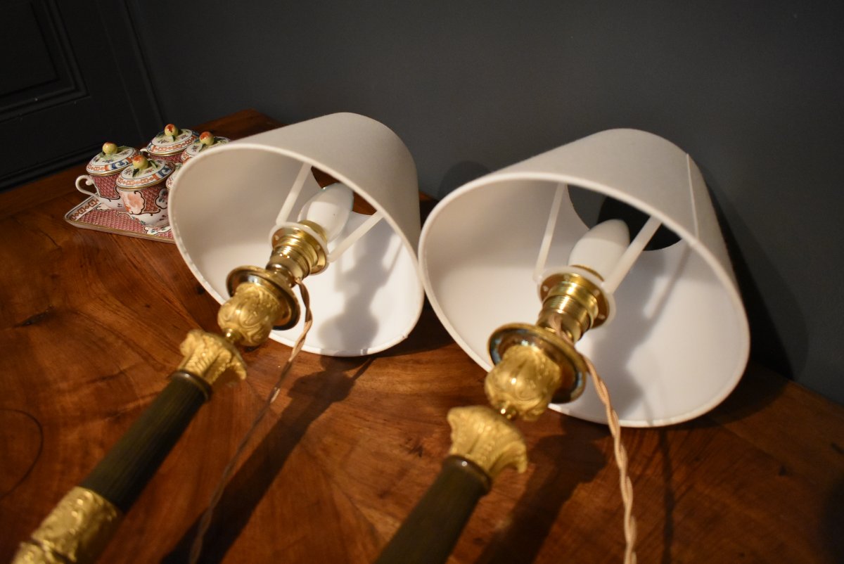 Pair Of Gilded Bronze Lamps, With Two Patinas-photo-8