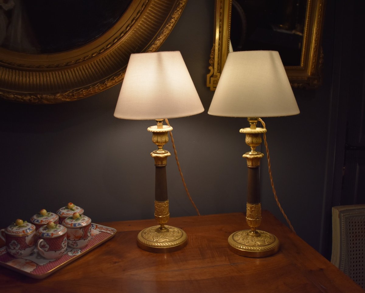 Pair Of Gilded Bronze Lamps, With Two Patinas