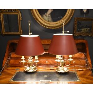 Pair Of Bouillotte Lamps With Hunting Horns