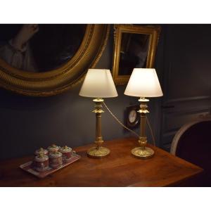 Pair Of Gilded Bronze Lamps With Two Patinas