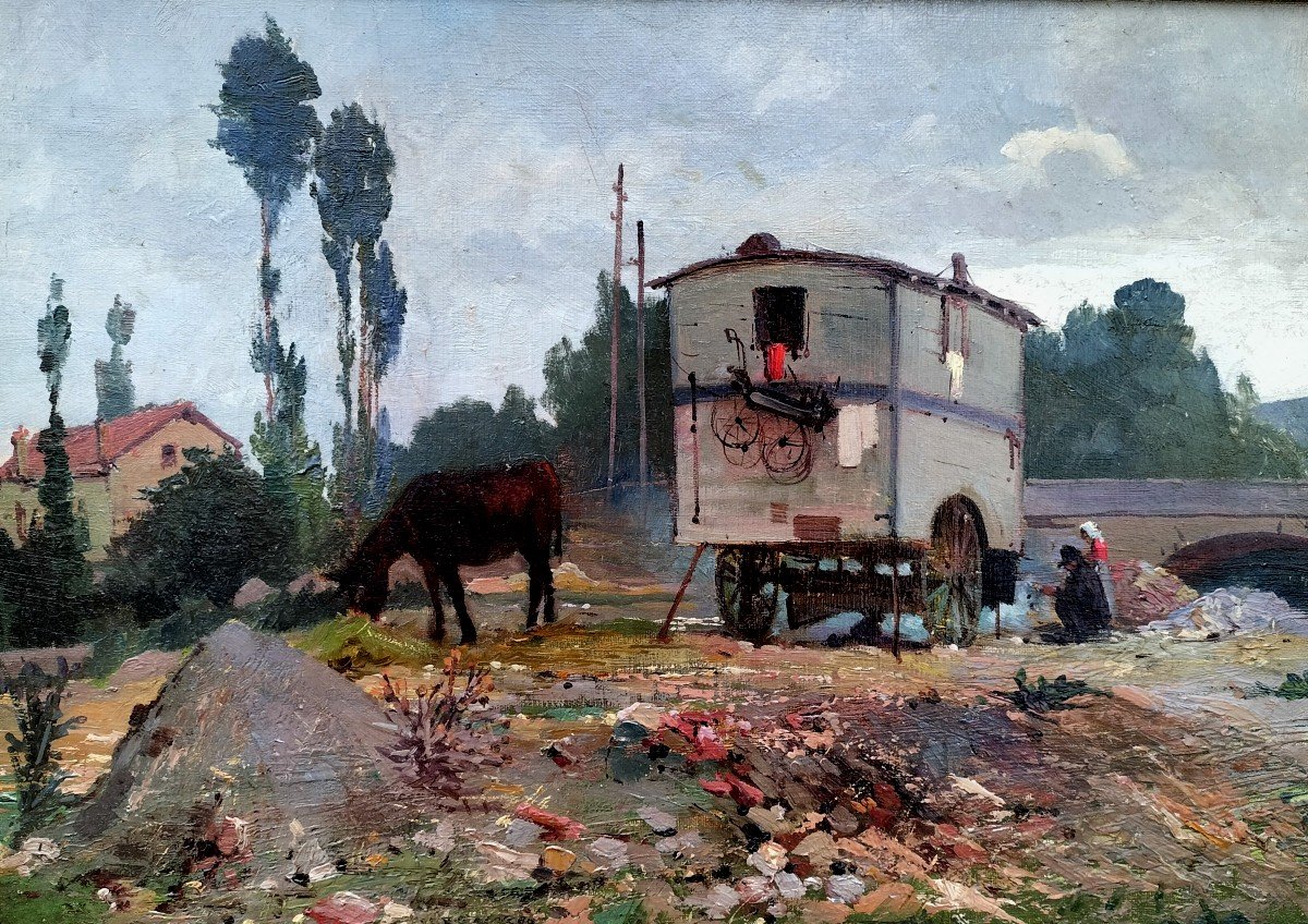 Impressionist School La Roulotte Surroundings Of Montézin 1890-photo-2