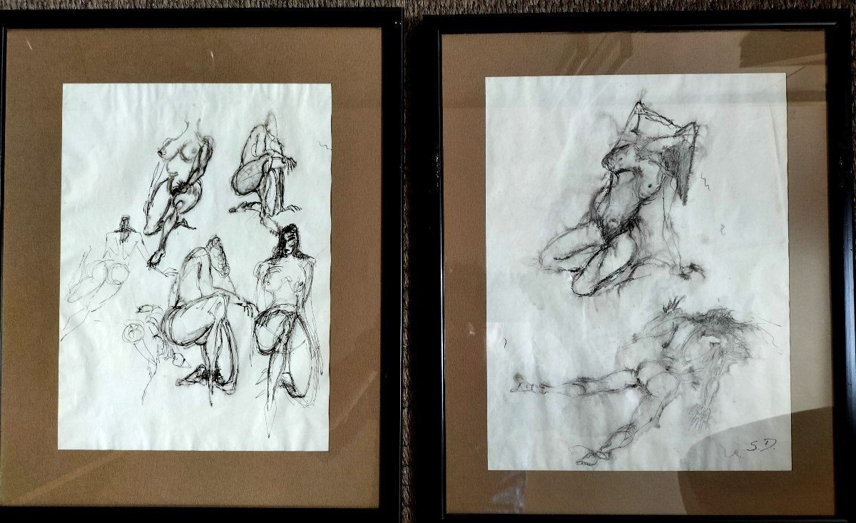 Paire De Dessins Croquis De Nus Vers 1950