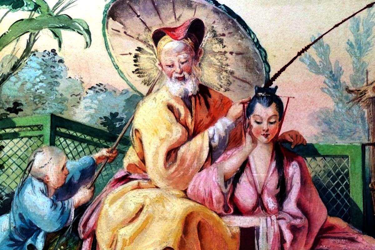 Chinese Gouache Genre Scene Léo Huillard (1900-?)-photo-3