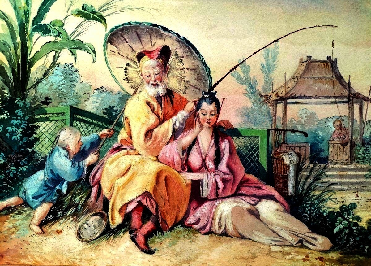 Chinese Gouache Genre Scene Léo Huillard (1900-?)