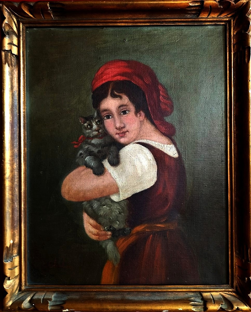 Portrait Jeune Fille Avec Son Chat XIX -&egrave;me 