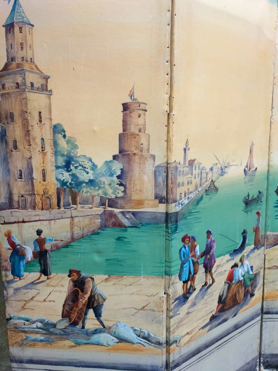 Grand Paravent peint Scène portuaire-photo-2