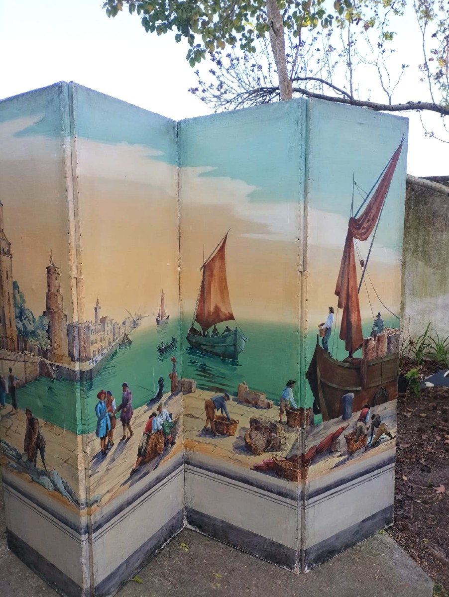 Grand Paravent peint Scène portuaire-photo-6