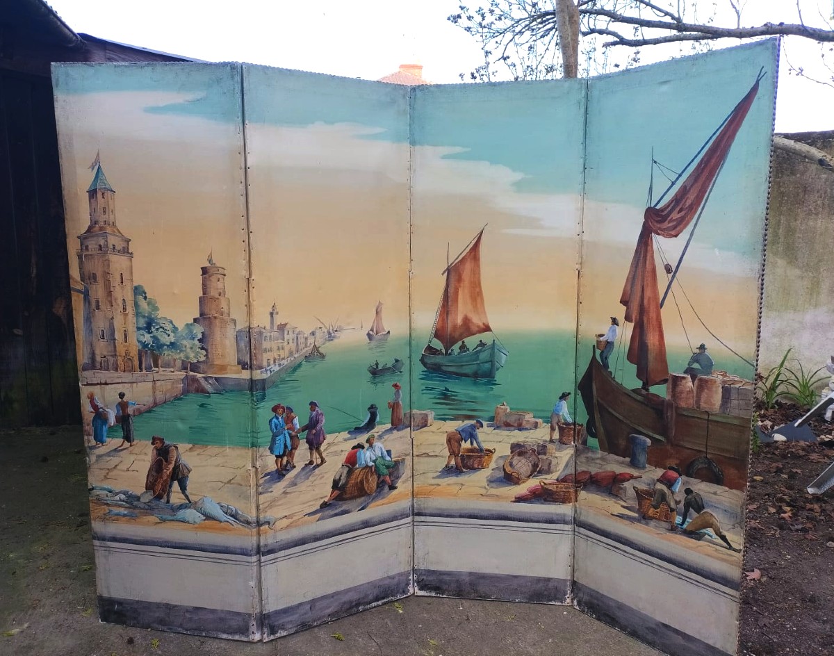 Grand Paravent peint Scène portuaire