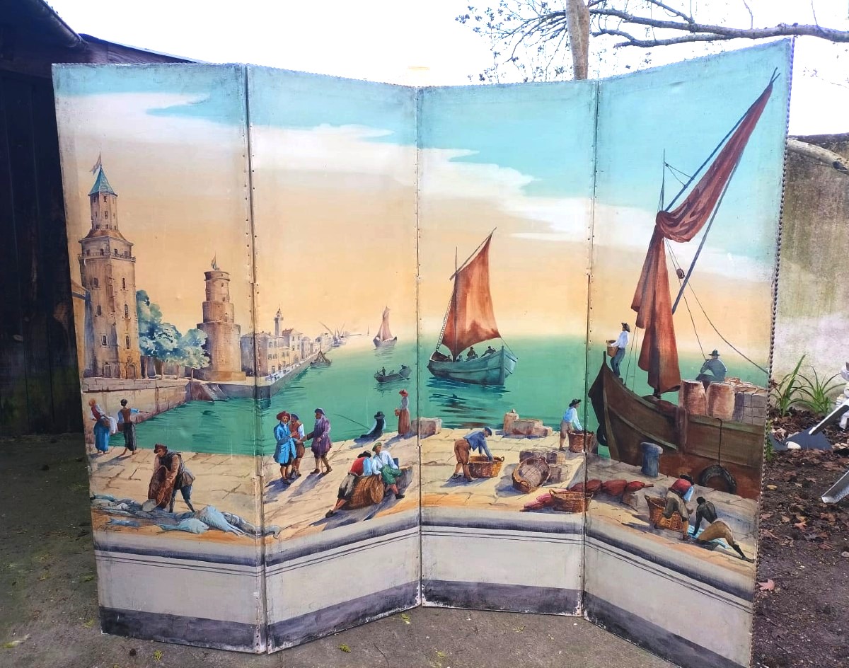 Large Painted Screen Harbour Scene