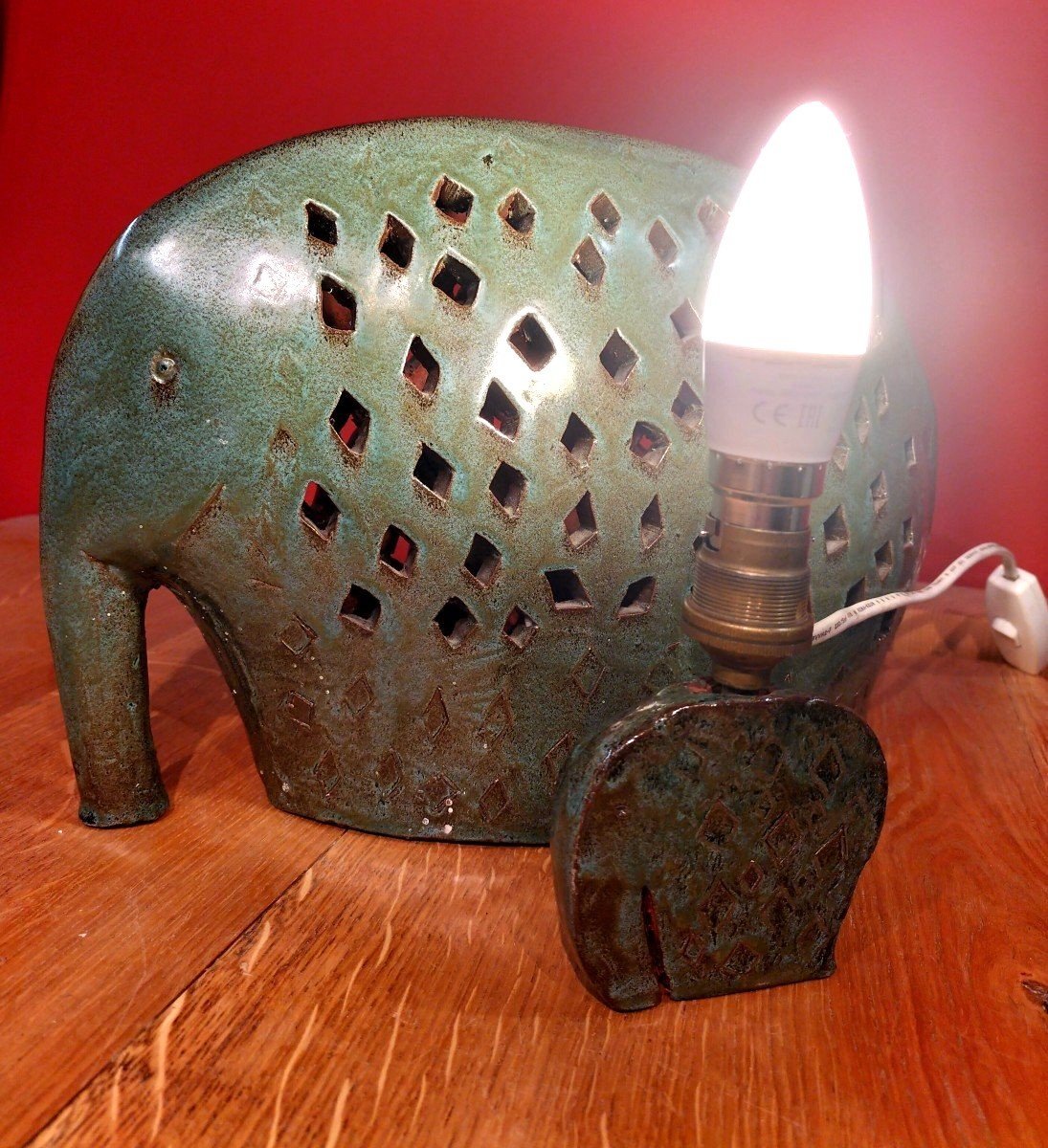 Lampe veilleuse &eacute;l&eacute;phant C&eacute;ramique Verniss&eacute;e-photo-2