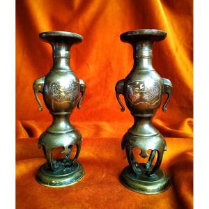 Vietnam Pair Of Niello Bronze Vases Gold Silver