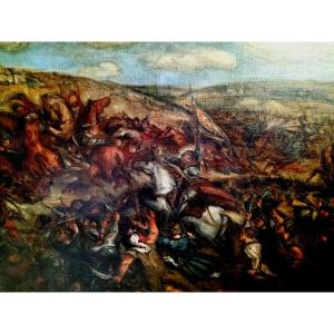 Large Painting Battle Scene XVIII -th Century