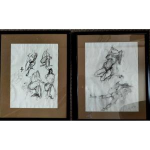 Paire De Dessins Croquis De Nus 