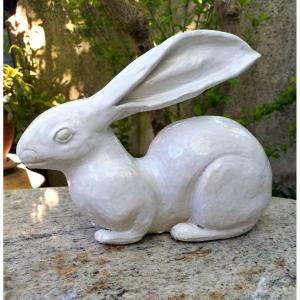 Hare In Glazed White Ceramic