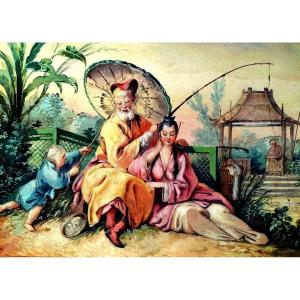 Chinese Gouache Genre Scene Léo Huillard (1900-?)