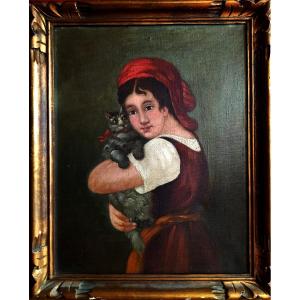 Portrait Jeune Fille Avec Son Chat XIX -&egrave;me 