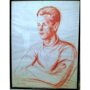 Berthe Sourdillon (1895-1976) Grand Portrait De Jeune Homme Sanguine