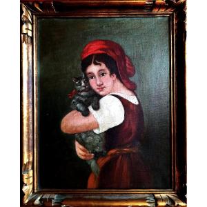Portrait Jeune Fille Avec Son Chat 