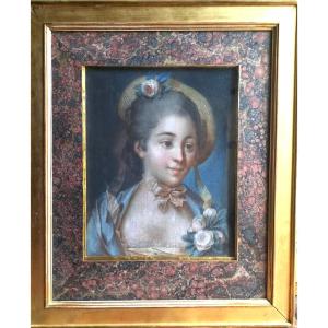 Portrait de femme au chapeau de paille XVIII ème siècle