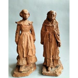 Bretonnes Paire De Sculptures  Terre Cuite 1900 Ruth Milles