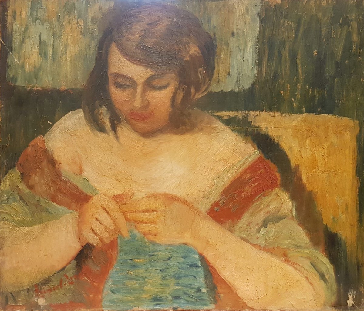 Bernard Louis Lemaire, La tricoteuse, huile sur panneau, 1932