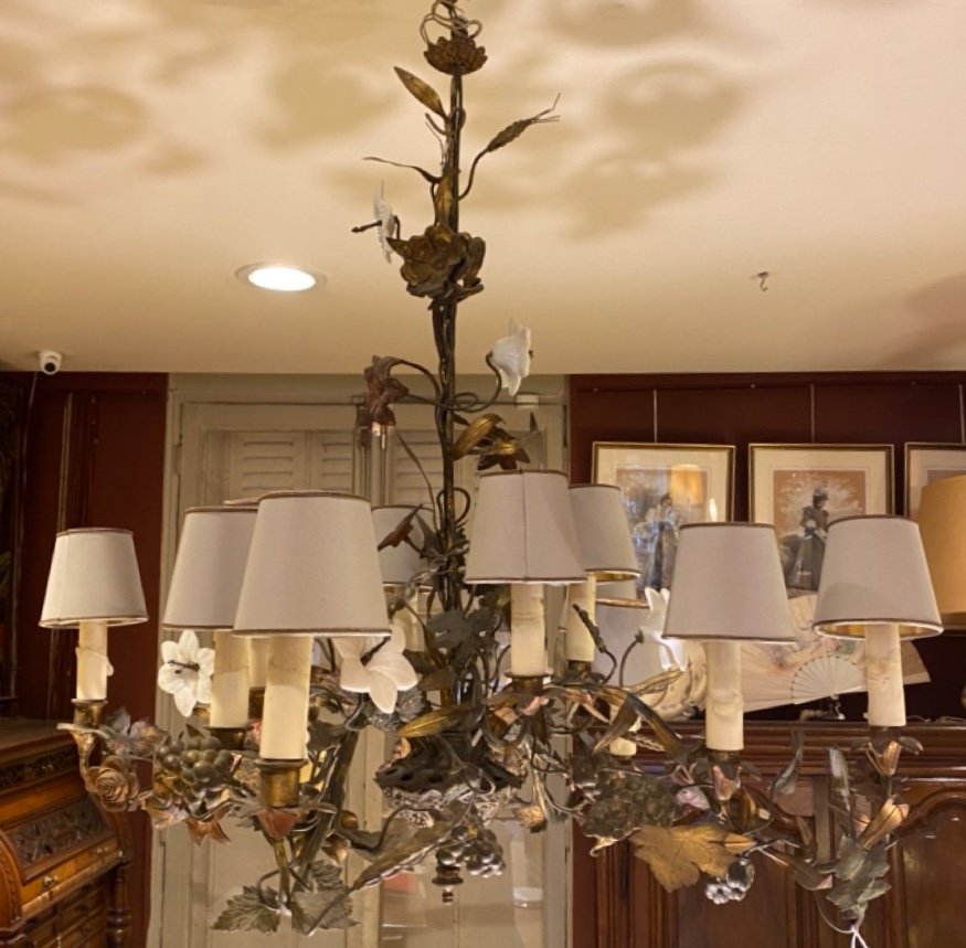 Bronze Chandelier Decorated With Bunches Of Grapes And White Opaline Flowers