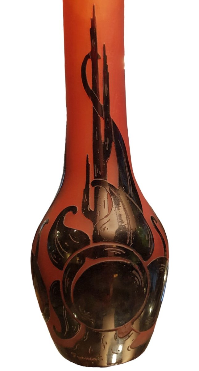 Le Verre Français, Vase En Pâte De Verre Couleur Prune Orangé, XXe.-photo-2