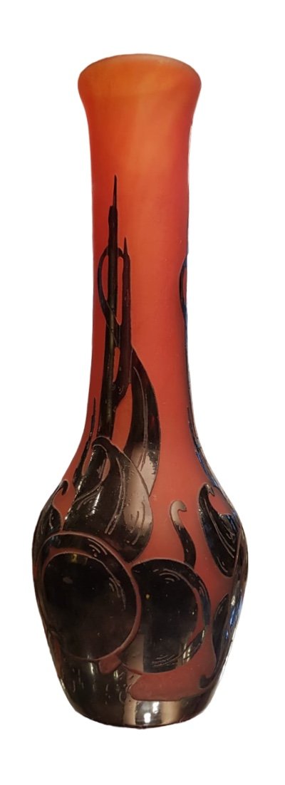 Le Verre Français, Vase En Pâte De Verre Couleur Prune Orangé, XXe.