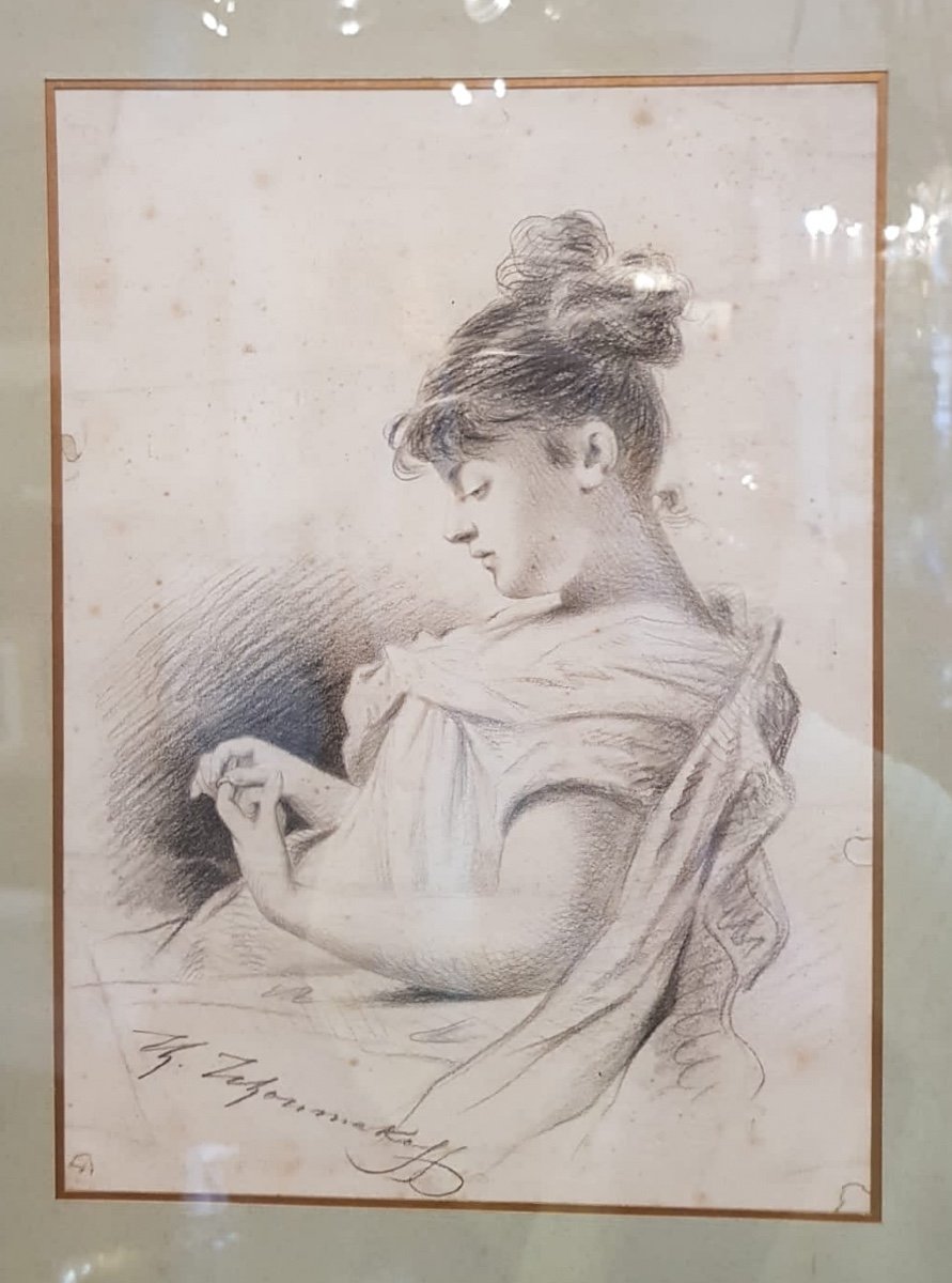 Portrait Présumé De La Comtesse Sophie Tolstoï Au Crayon Sur Papier Par Féodor Tchoumakoff XIXe-photo-2