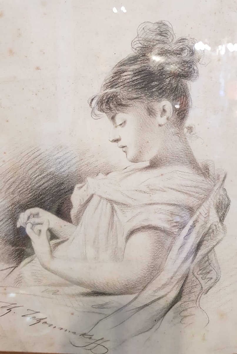 Portrait Présumé De La Comtesse Sophie Tolstoï Au Crayon Sur Papier Par Féodor Tchoumakoff XIXe-photo-3
