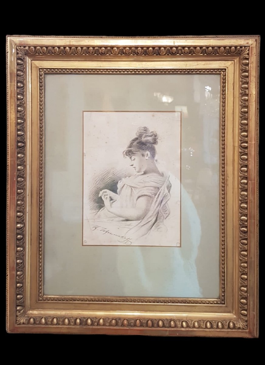 Presumed Portrait Of Countess Sophie Tolstoy In Pencil On Paper By Féodor Tchoumakoff Nineteenth